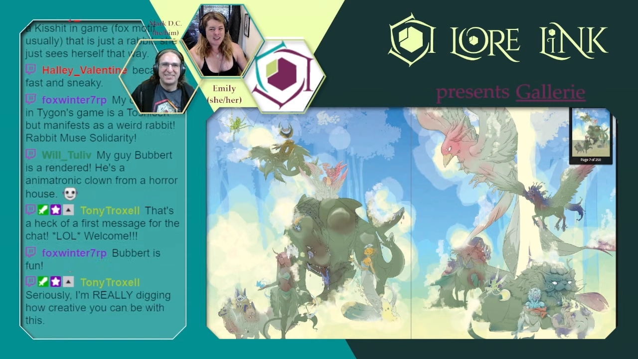 Capture of an interview stream with Emily of Weapons Grade Funk. It has her and Mark in the top left, with a very busy chat box going down the left. In the main part of the screen is artwork from the book.