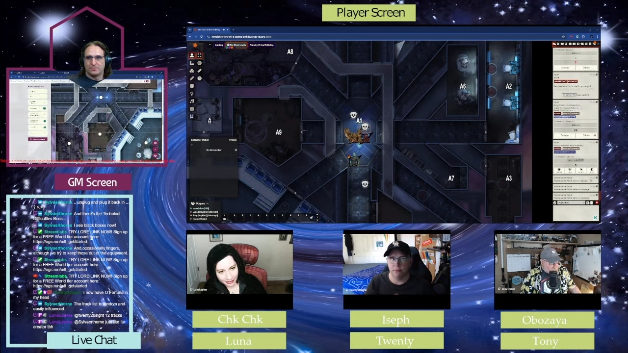An image of the Starfinder live-stream. Mark is in the upper left, with a GM screen showing Lore Link below him, and above the chat box. The player screen takes up 2/3 of the right hand side, with video for Luna, Twenty, and Tony underneath.