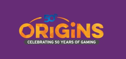 The Origins Game Fair logo. It's on a purple banner, with the 0 in 50th dotting the first I in Origins. Underneath it says Celebrating 50 years of gaming.