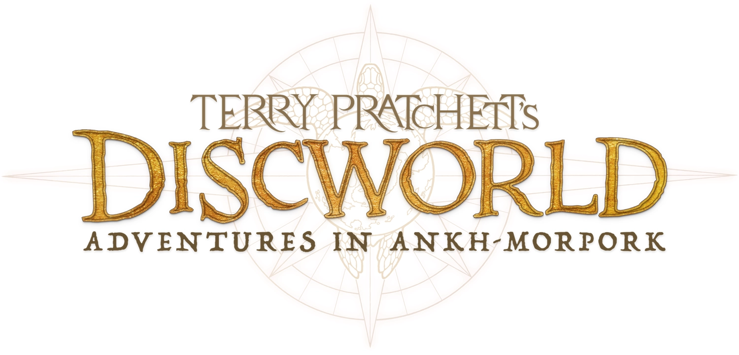 The logo for the upcoming game "Terry Pratchett's Discworld Adventures in Ankh-Morpork." It's in a fancy script, with a transparent compass in the background with a turtle above it, with a world on its back.