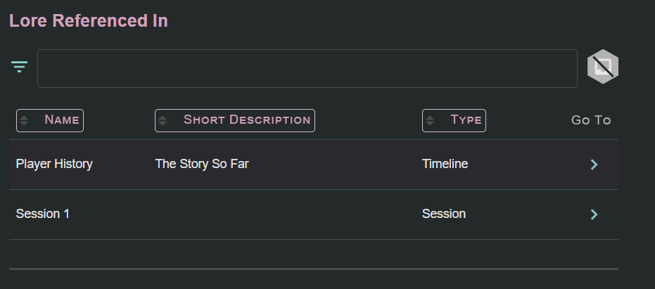 A screenshot of the Lore Link Application is shown. It shows a list with the title Lore Referenced In. The list has four columns, labelled Name, Short Description, Type, and Go To. One of the items listed is of Type Timeline the other is listed as type Session