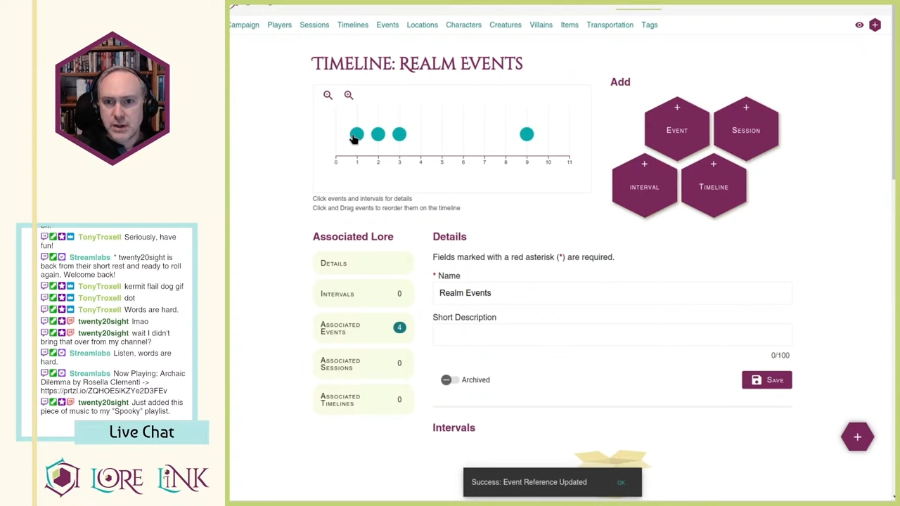 Screen capture of a Lore Link livestream image. Mike is in the upper left corner, with a chat box below him. The main page is showing the Timeline function