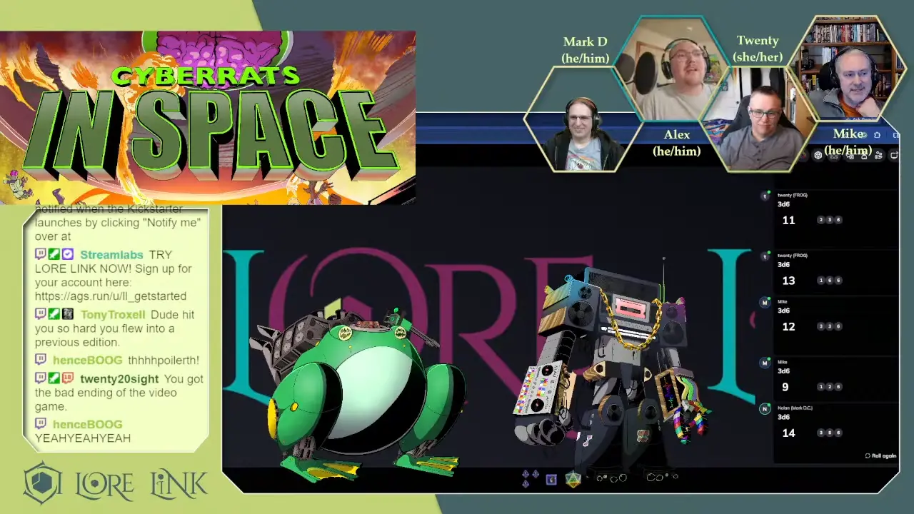 Screen capture of the Cyberrats in Space live-stream. In the top left is the game's logo, the top right is images of the players and host. Bottom left is the chat box, and the majority of the center and bottom right is a screen share showing two mechs from the game. One is shaped like a squatting frog, the other looks like a cassette deck with a DJ turntable on one of their arms.