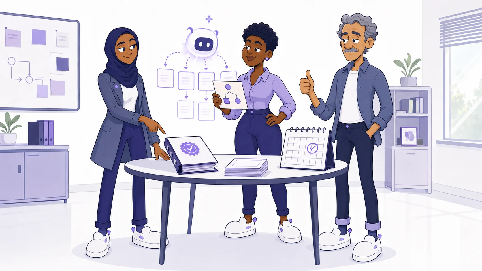In this hypothetical example, AI speeds drafting while people retain source, workflow, and release authority