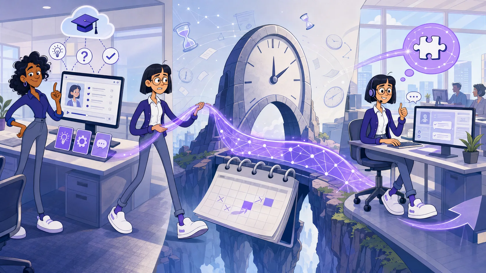 An employee carries knowledge from a training lesson across a clock-shaped bridge and applies it to a new workplace task.