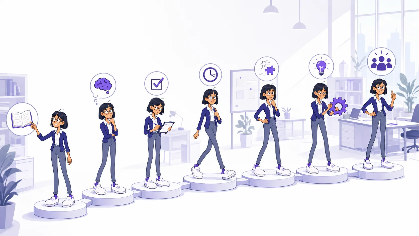 A professional moves through seven connected checkpoints from participating in training to contributing to a workplace result.