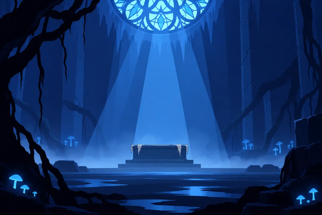The stone lid of the altar sits empty in the mist, roots and mushrooms still glowing.