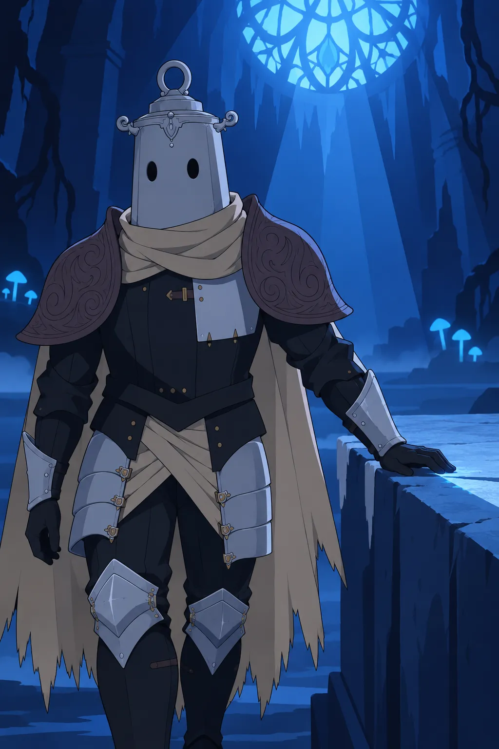 Close on his chest and cape as he steps away from the altar, a gauntlet brushing past the stone edge.