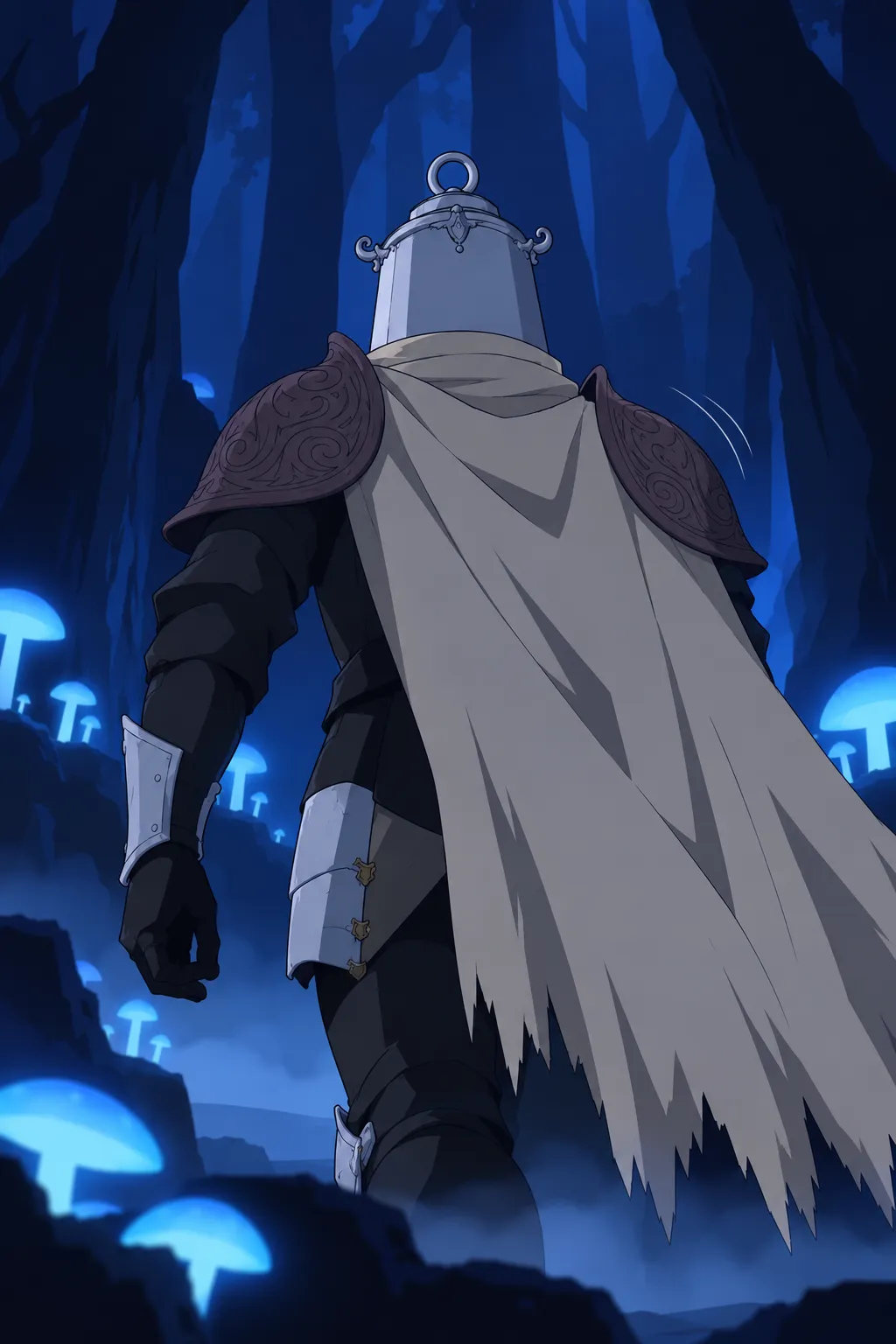 Close view from behind of Lanterne's cape and shoulders, helmet on his head-looking from this angle as the helmet is out of frame above.