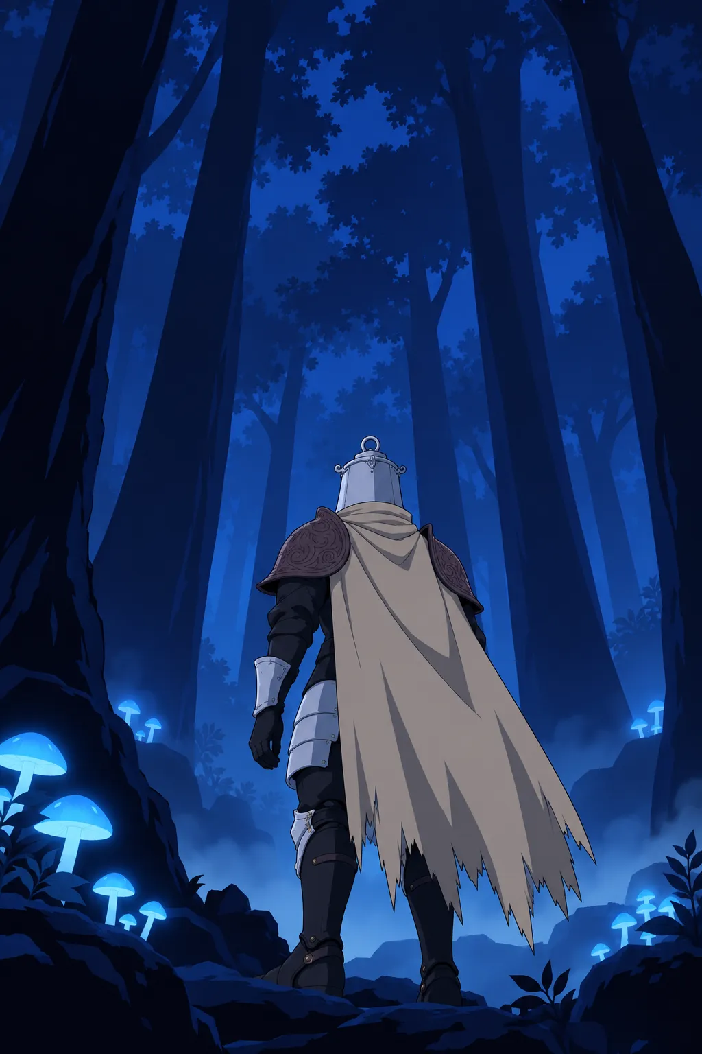 Lanterne stands still among the trees, seen from behind at low angle, cape draping down his back.
