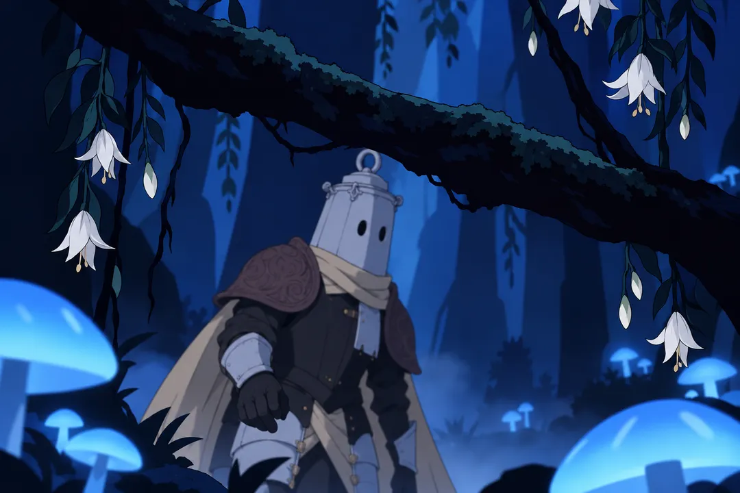 Close view ahead of him: a low dark branch hangs across the path among hanging white flowers and glowing blue mushrooms.