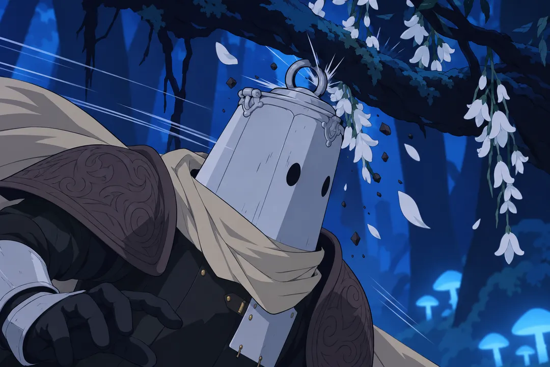 Extreme close-up on the point of contact: the pale helmet catching against the dark low branch.