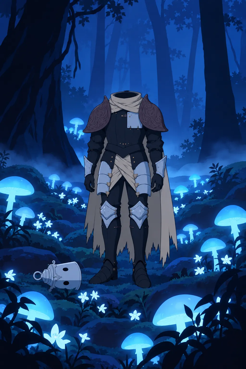Wide view of headless Lanterne standing motionless among a dense field of glowing mushrooms and white flowers.