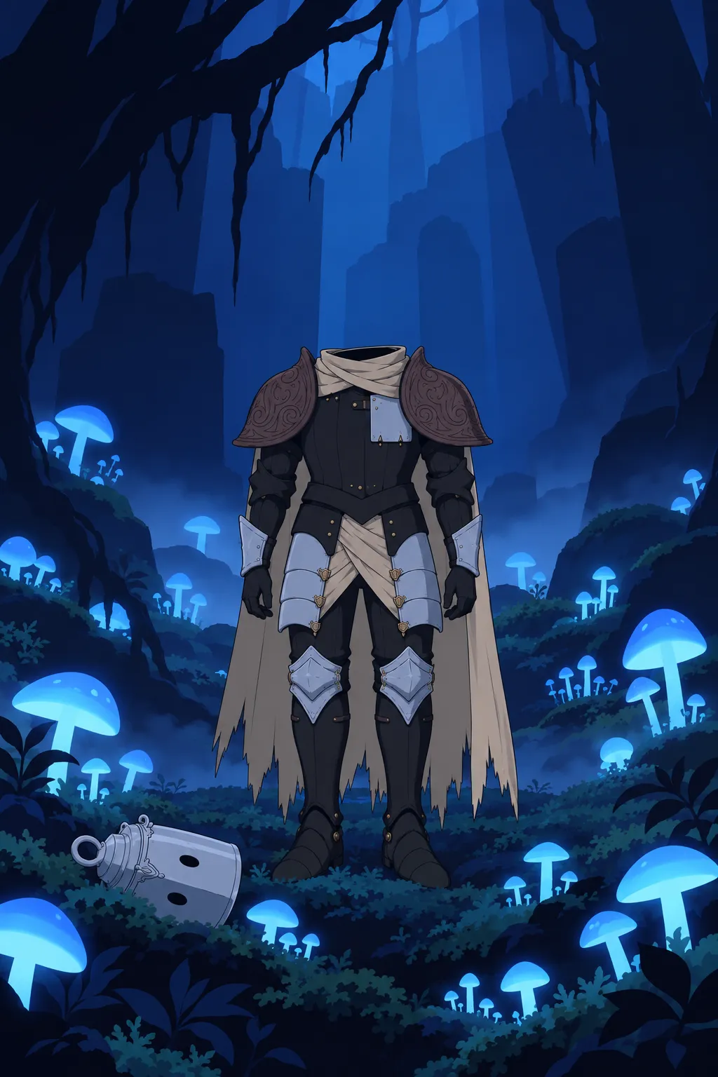 Wide shot of headless Lanterne standing among dense glowing blue mushrooms, his fallen helmet resting small in the foreground moss.