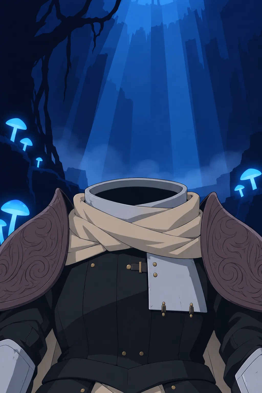 Close-up on the empty neck opening above the cream scarf, pauldrons framing the dark hollow where a head should be.