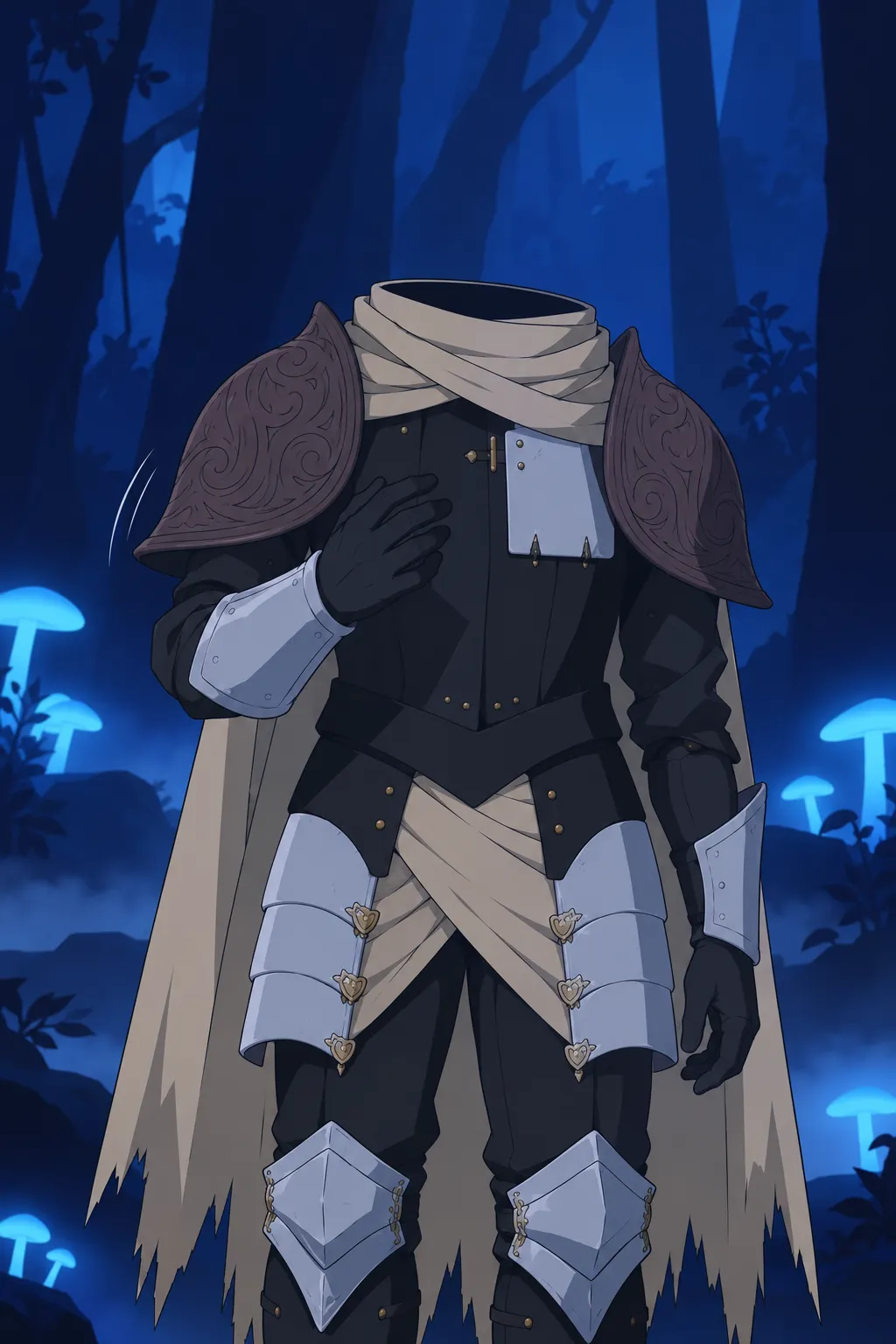 Medium shot of the headless armour, a black-gloved hand rising from the side, approaching the chest plate beneath the crossed scarf.