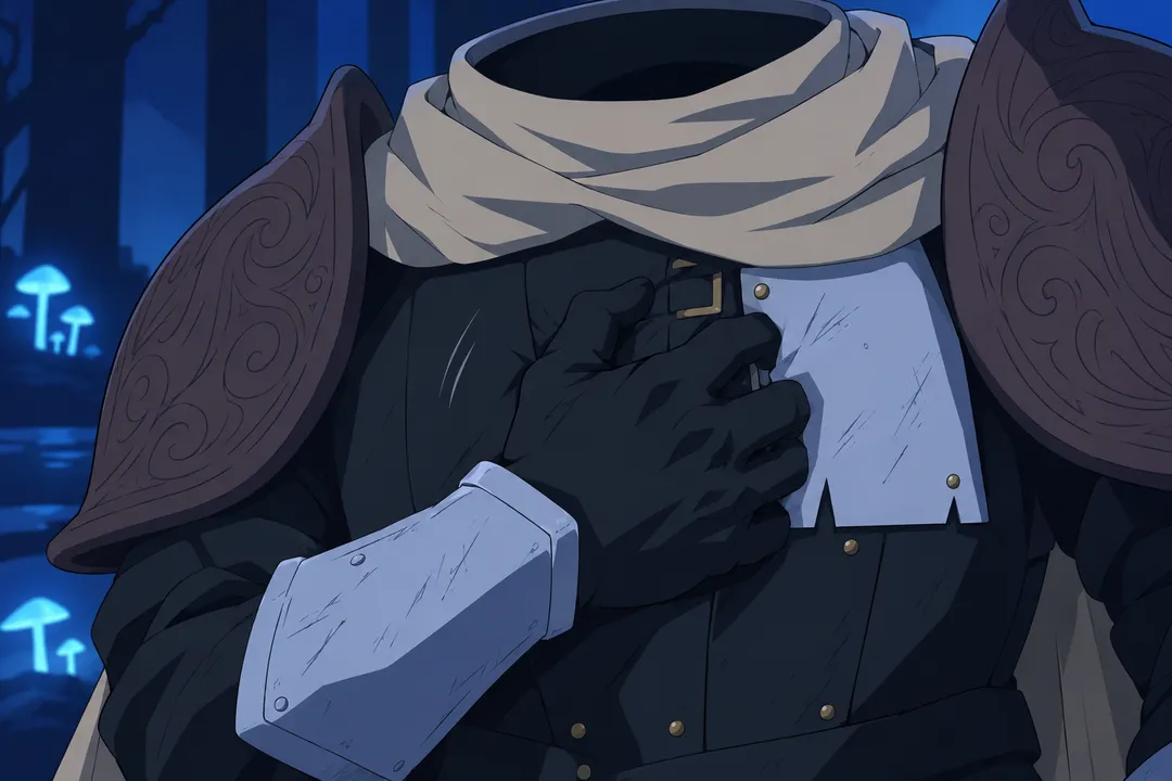 Extreme close-up on the gauntlet now gripping the chest plate tightly, fingers digging into the seams.