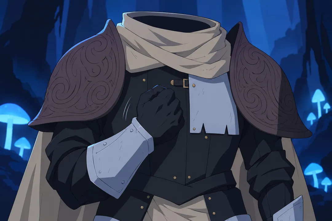 Extreme close-up on the black gauntlet now pulled away from the chest, fist clenched tight in front of the pauldrons.