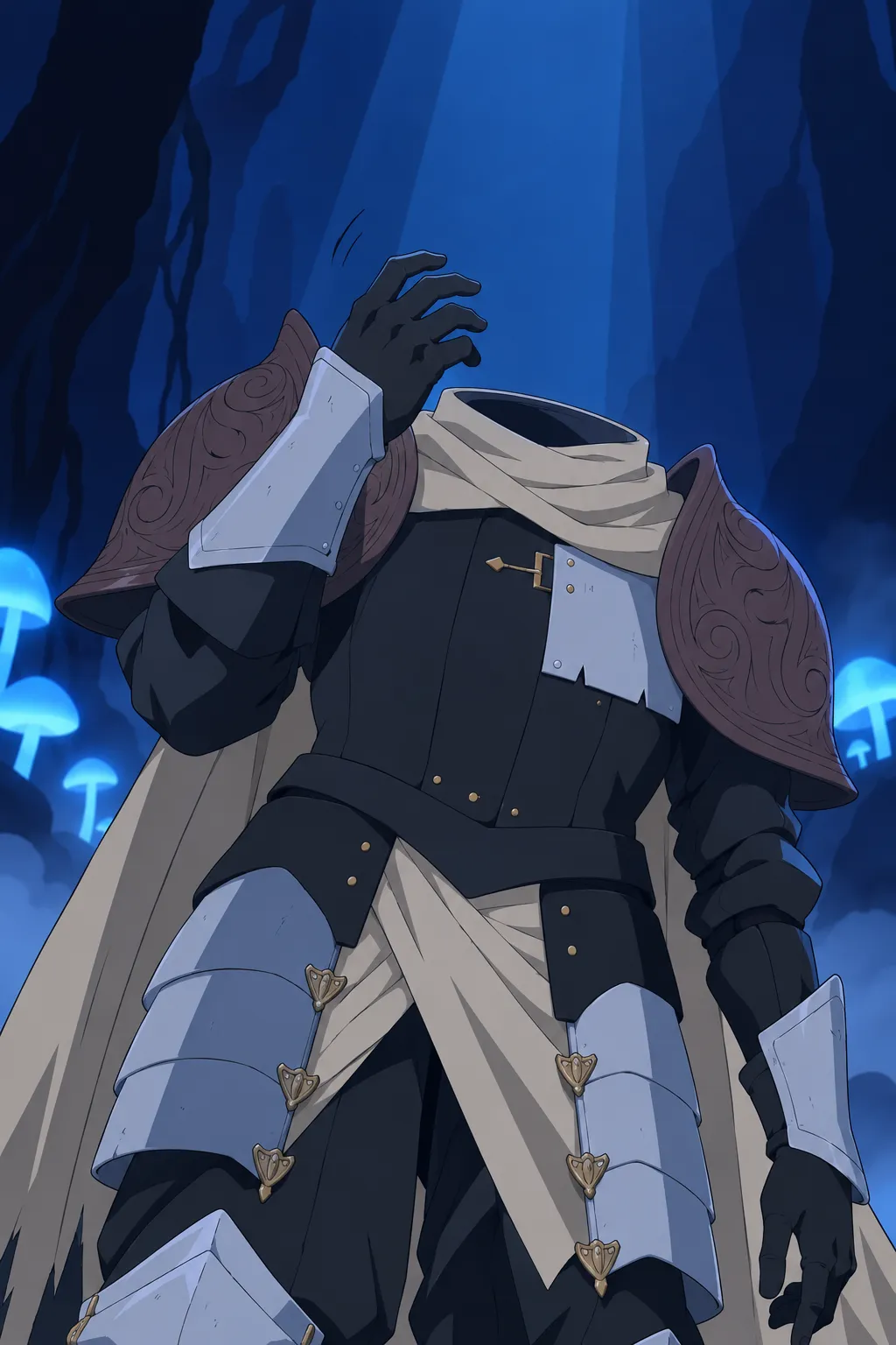Medium close-up of the headless armour tilted backward, pauldrons wide.