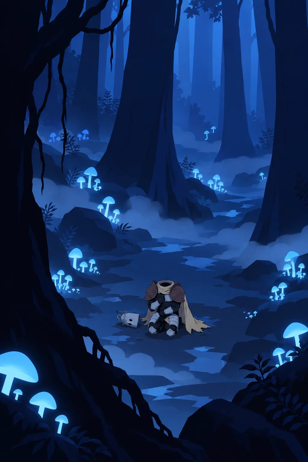 Wide shot of headless Lanterne kneeling among the mushrooms, his whole small silhouette bent forward, arms drawn to his chest.