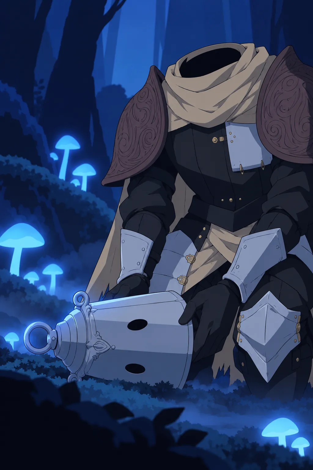 Low close shot on Lanterne's knee plates and the fallen helmet resting beside them in the moss, its ring catching a faint glow.
