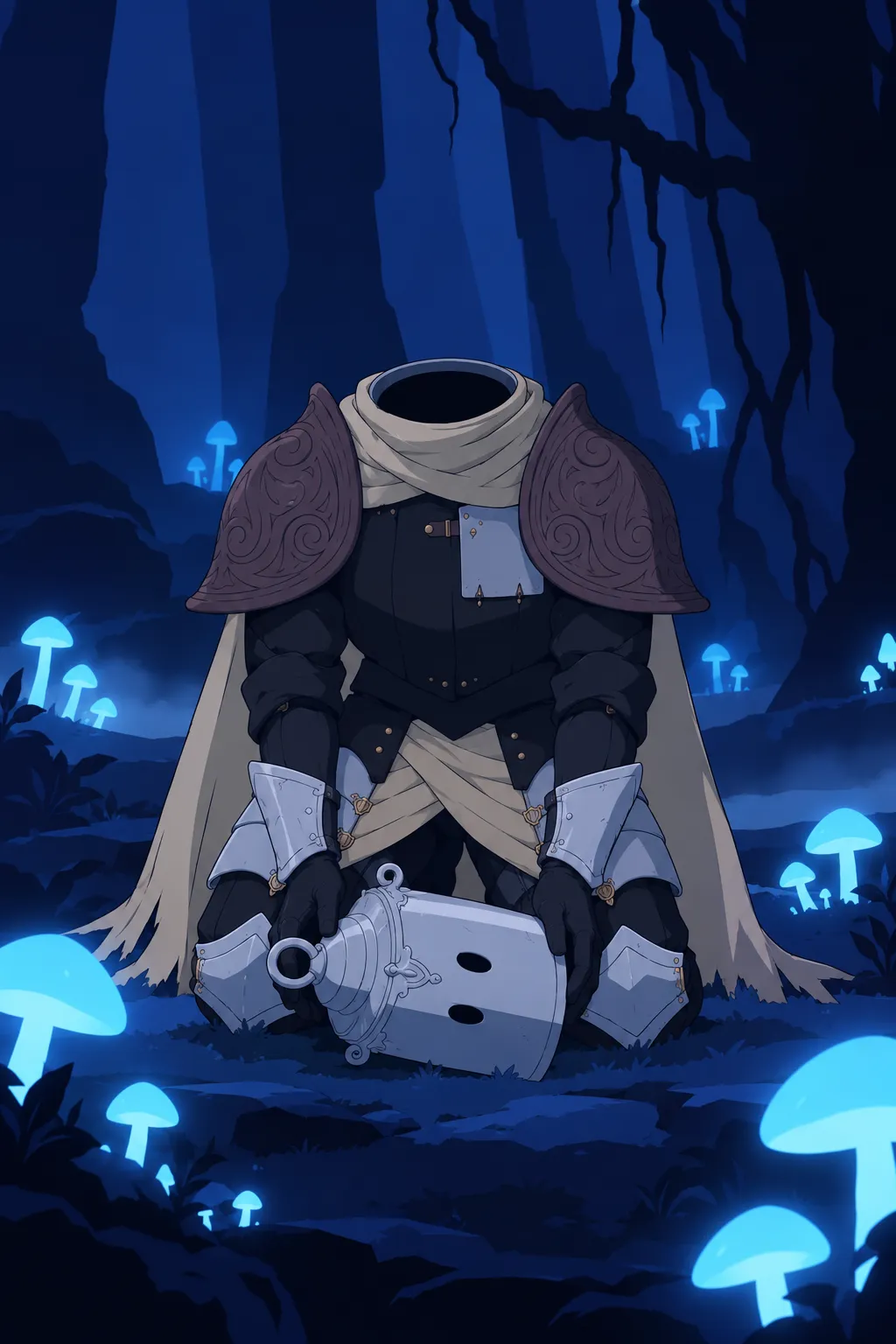 Medium shot of headless Lanterne kneeling among glowing blue mushrooms, the fallen helmet resting on the ground before him.