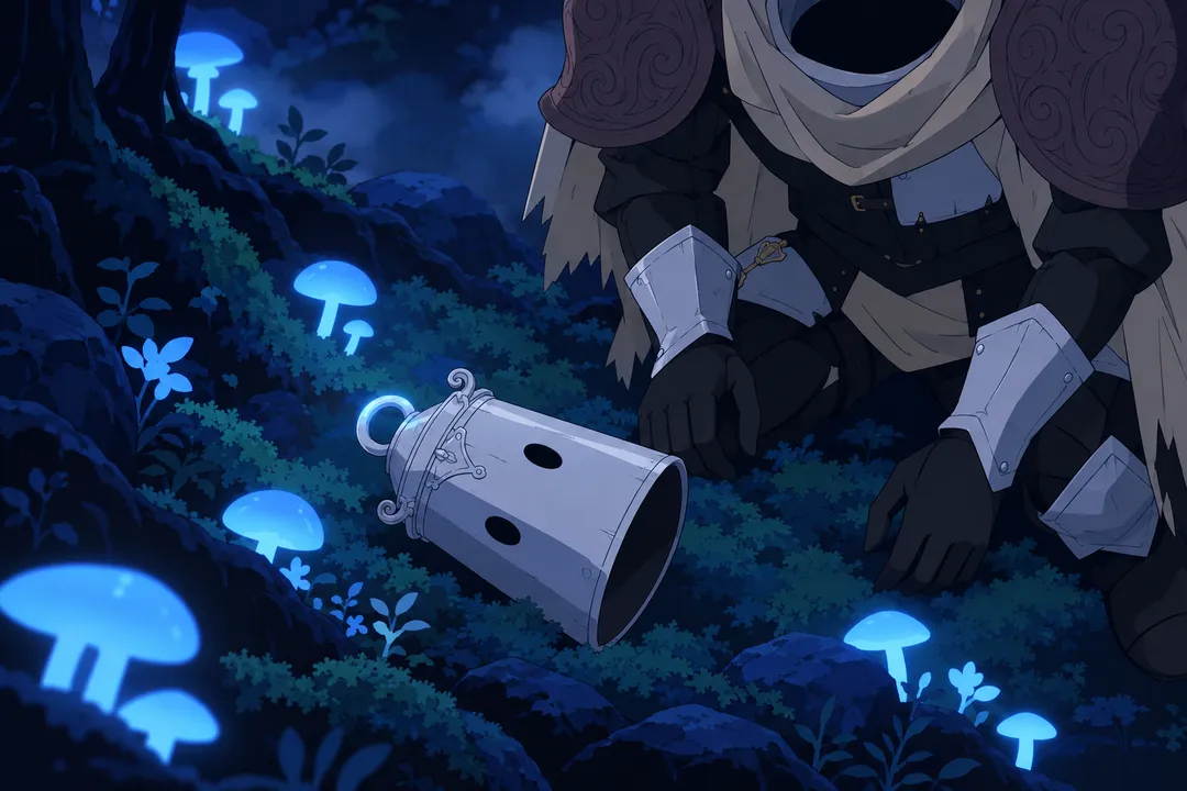 Close detail on the fallen helmet alone in the moss, its ring catching a faint glow.