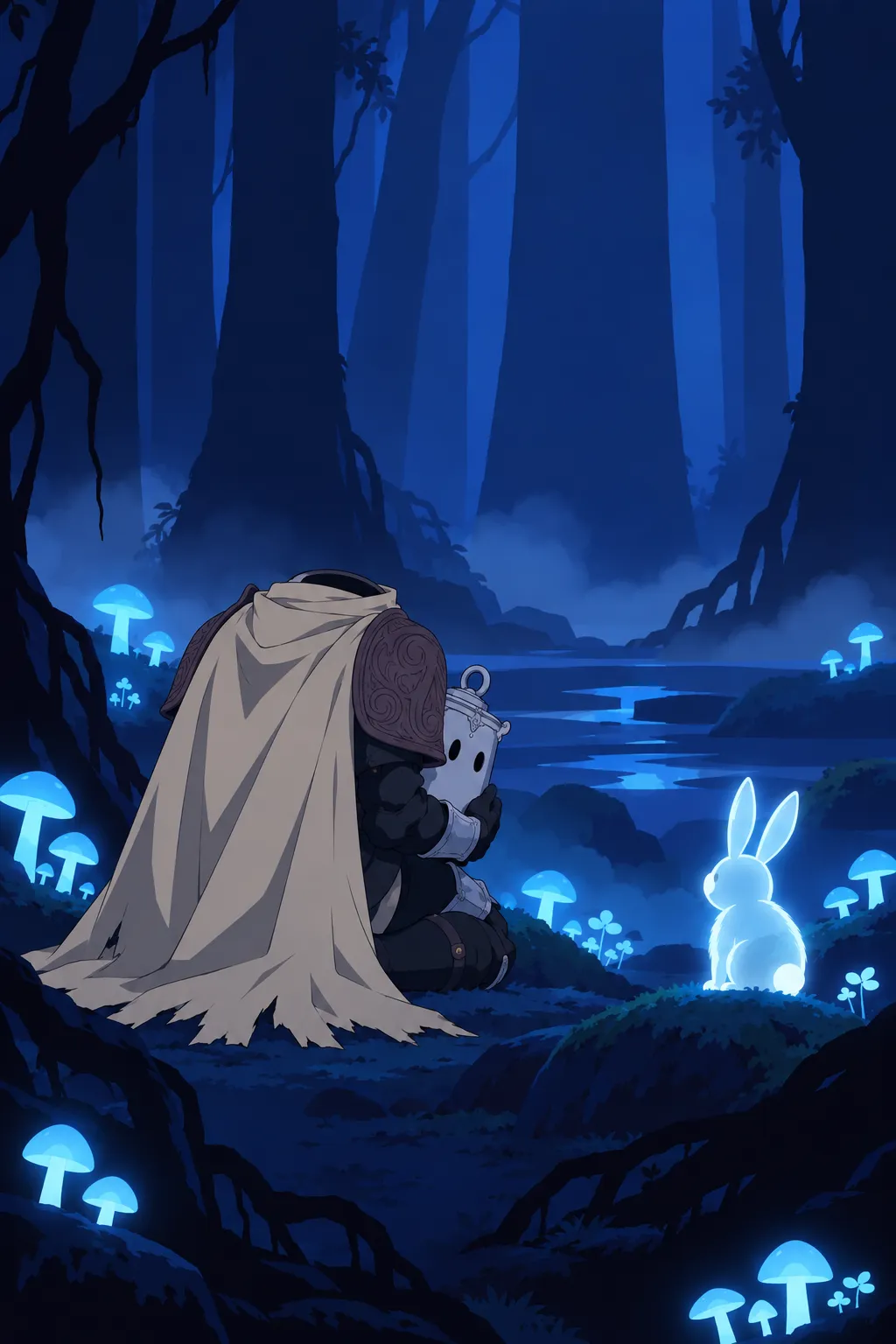 Wide shot from behind headless Lanterne, kneeling, holding his fallen helmet tight against his chest while the ghost rabbit stands…
