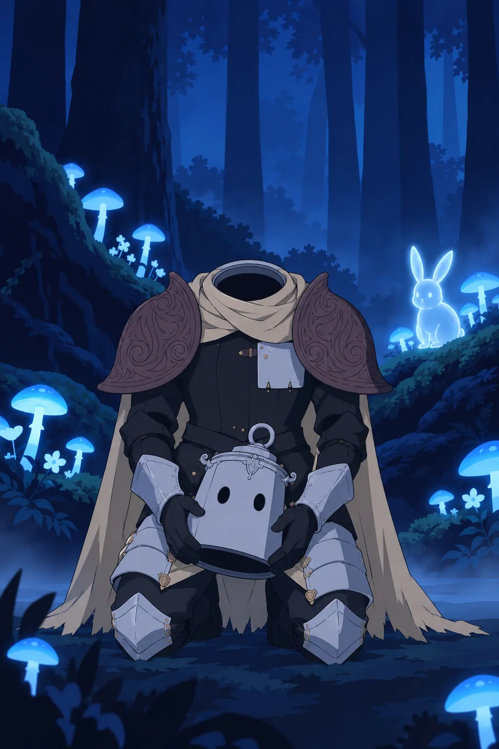Medium shot facing Lanterne, hollow open neck, no helmet, kneeling still, gauntlets resting near his chest plate.