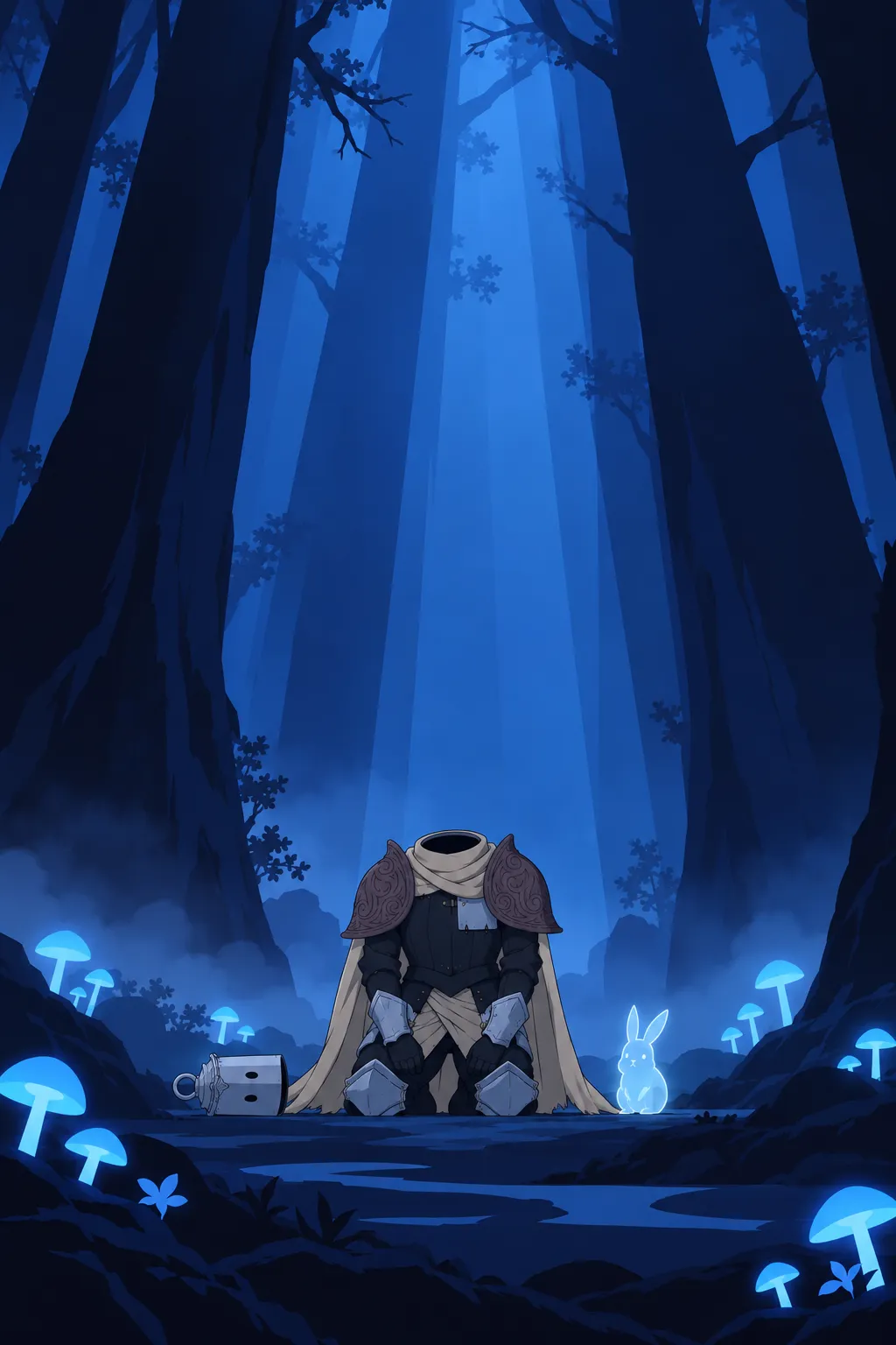 Wide low angle shot of Lanterne kneeling with hollow open neck, no helmet, small against the towering black trunks and glowing mushrooms.