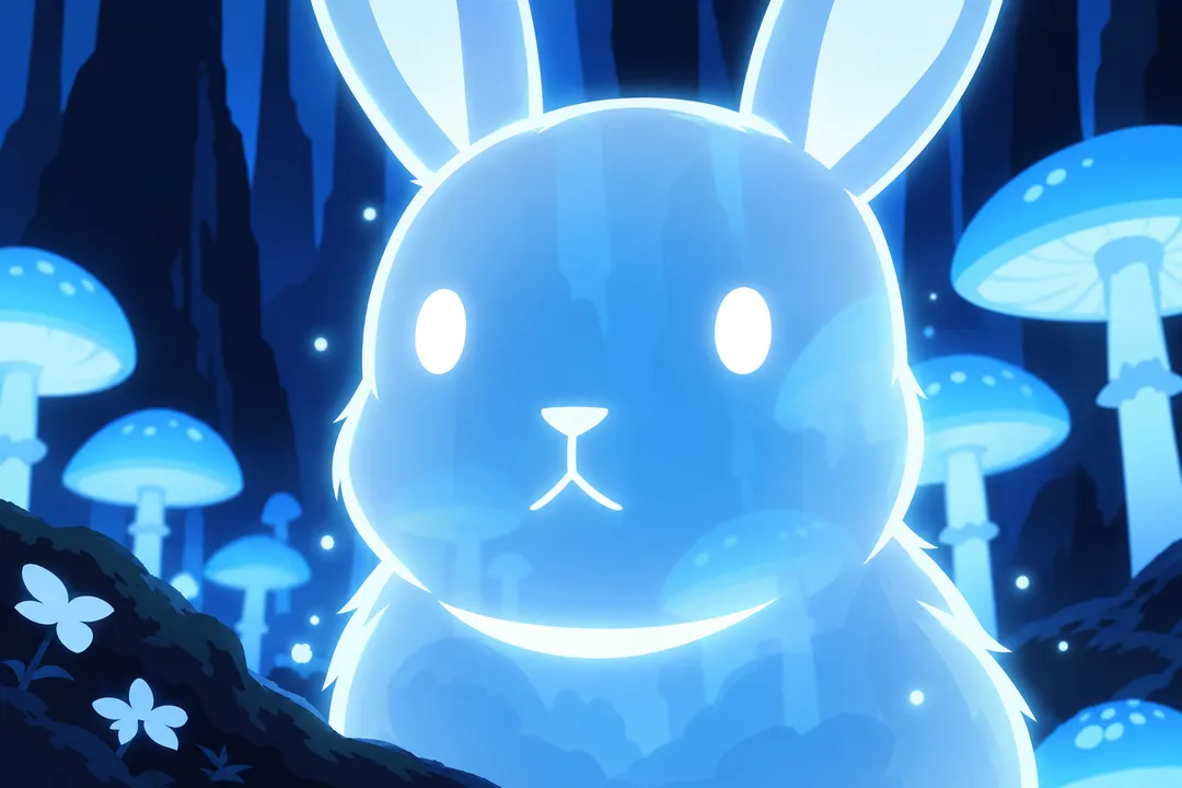 Extreme close up on the ghost rabbit's glowing face among the mushrooms, still low and dormant, its eyes wide and calm.