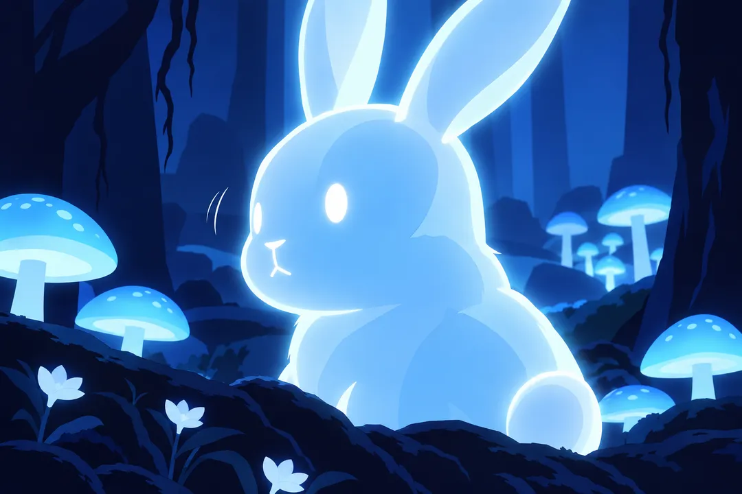 Close shot on the ghost rabbit still sitting low among the mushrooms, its glowing head starting to turn away from the camera.