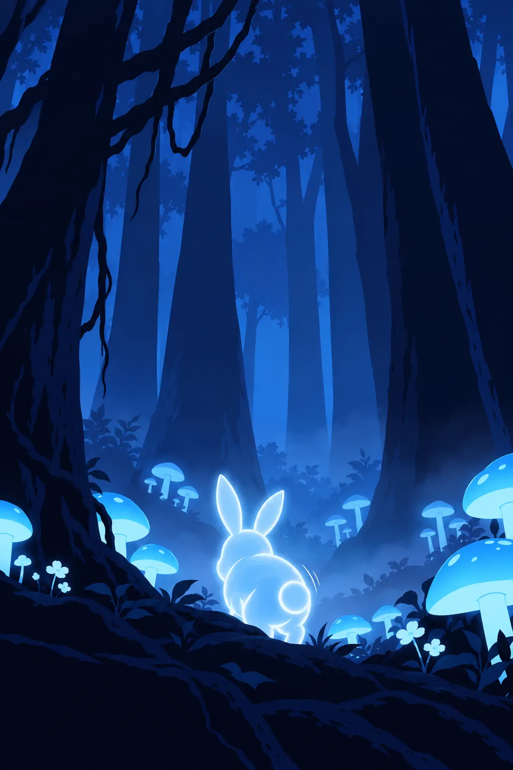 Wide low angle shot of the ghost rabbit seen from behind, its ears and rounded glowing back visible as its body turns away from the camera…