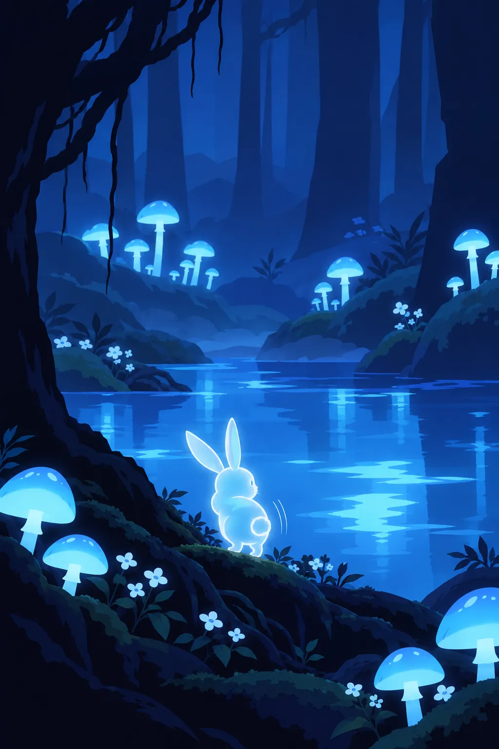 Wide shot of the forest pool, the ghost rabbit standing in profile on a root among mushrooms and white flowers, its glow starting to soften.
