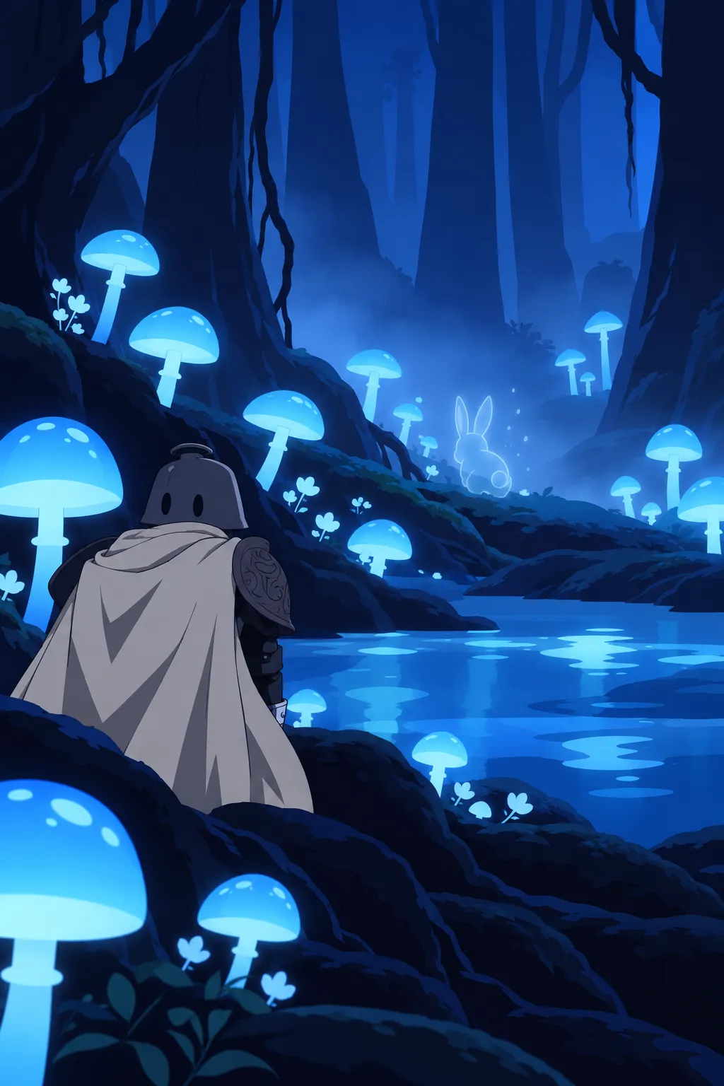 Atmosphere panel of the mushroom-lit root and pool, the rabbit gone, a faint dissolving translucent shape barely visible in the mist.