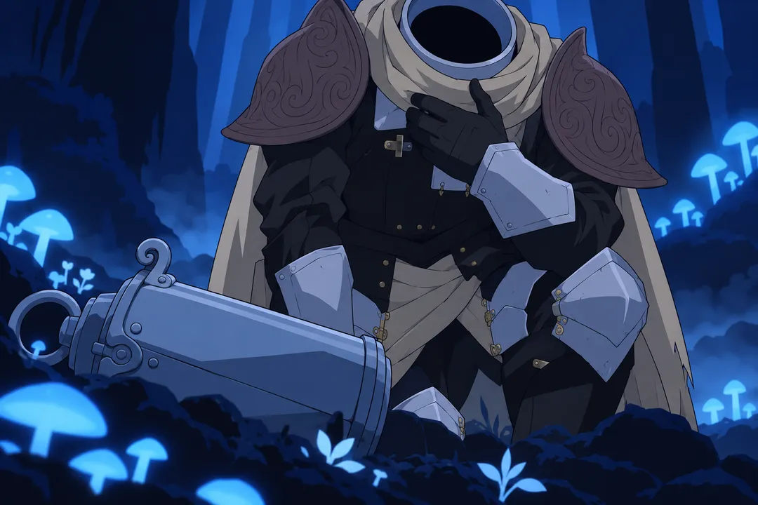 Close shot on the lower left of frame where a boxy metallic object lies half-hidden among the mushrooms.