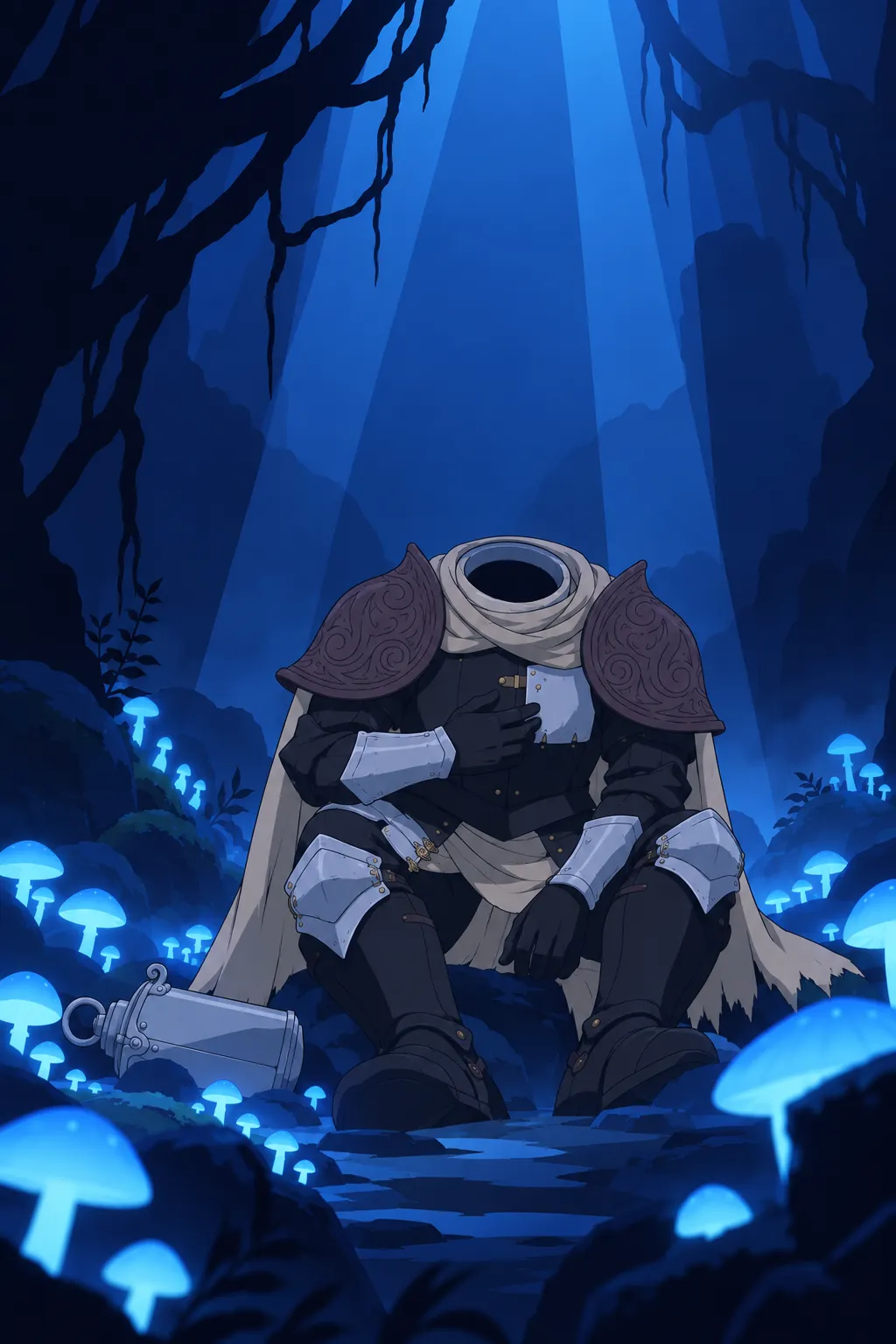 Wide low angle shot of Lanterne sitting among the mushrooms, the strange metallic object lying clearly on the ground at his lower left.