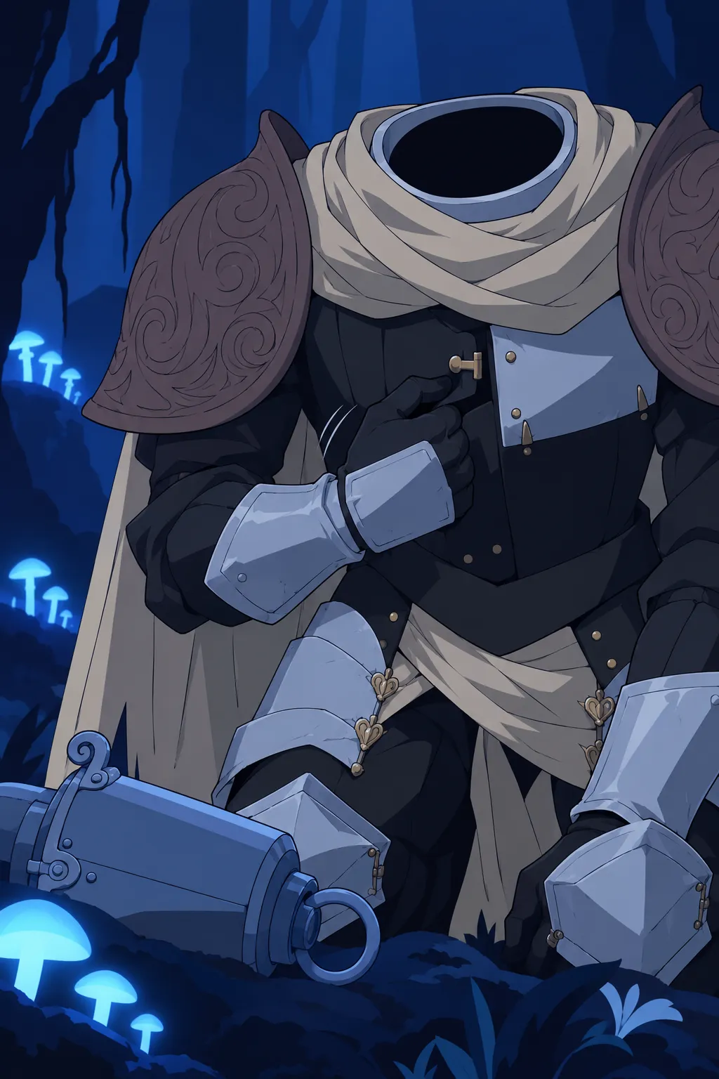 Detail on Lanterne's gauntlet fingers pressing against the seam of his chest plate, sliding beneath its edge where the hidden chain rests.