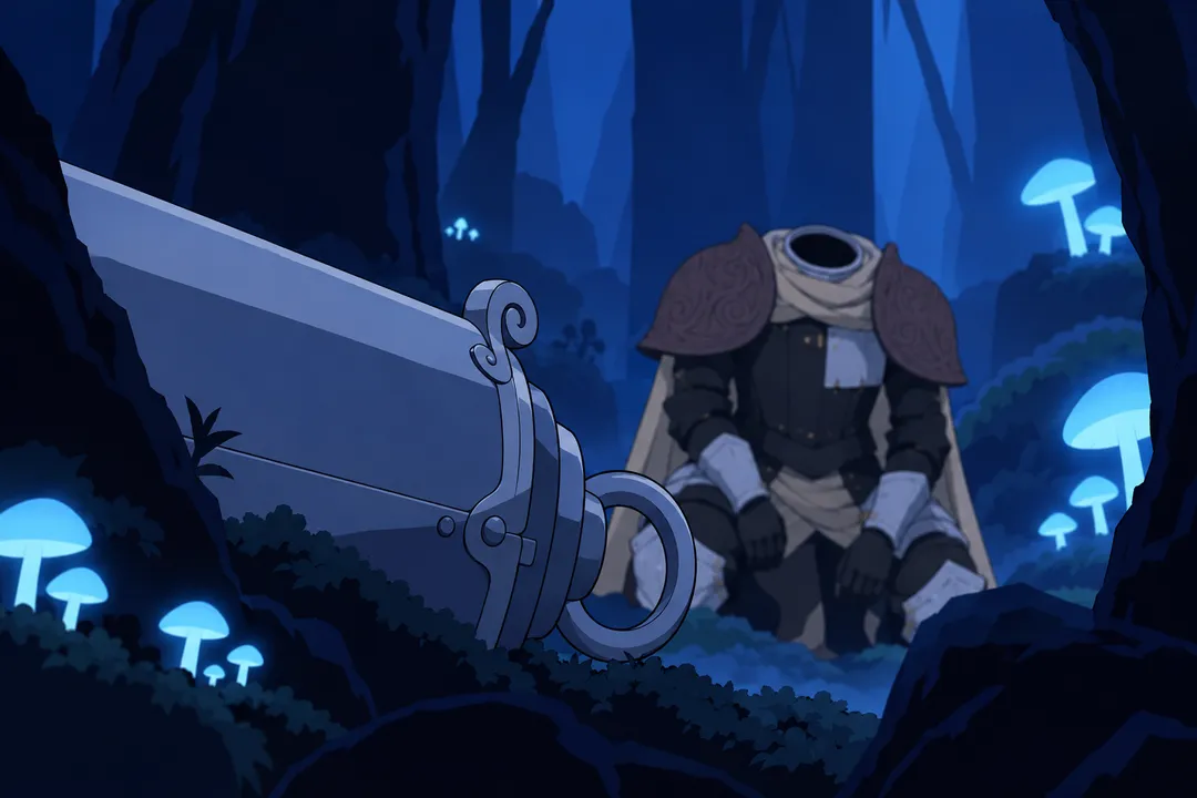 One boxy pale edge of the metallic object glimpsed huge and half hidden in the foreground between two black trunks.