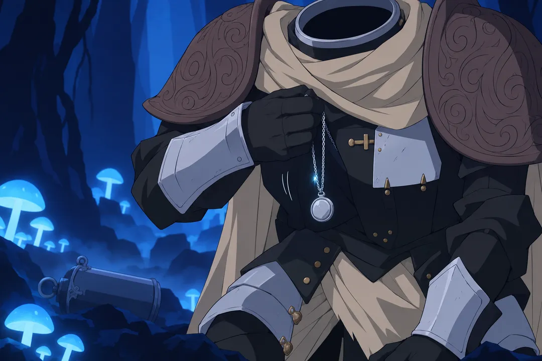 Close shot on Lanterne's gauntlet hand reaching under the edge of his chest plate and drawing out a thin silver chain.