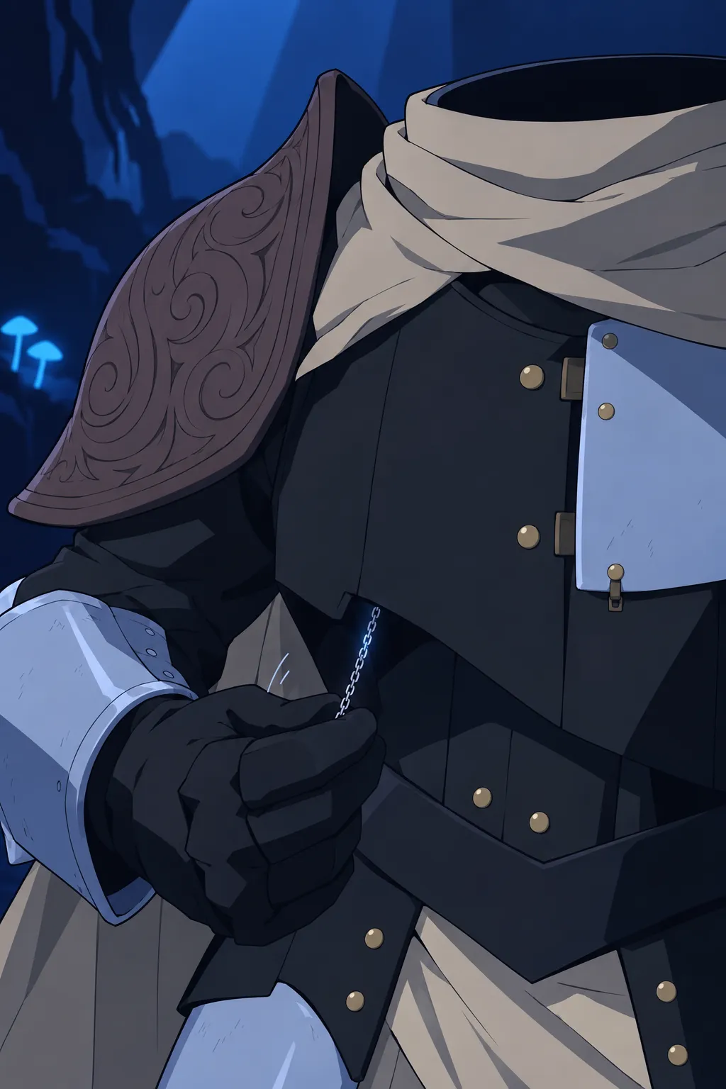 Extreme close up on a black gloved hand pulling a thin silver chain out from under the edge of Lanterne's chest plate.