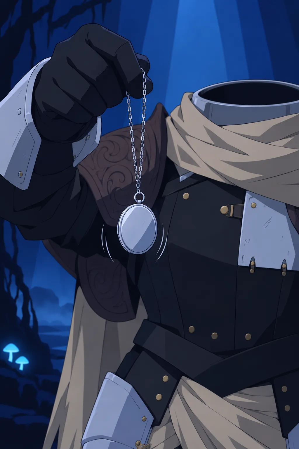 The silver pendant is lifted clear of the chest plate, dangling and swinging gently on its chain from the black glove.