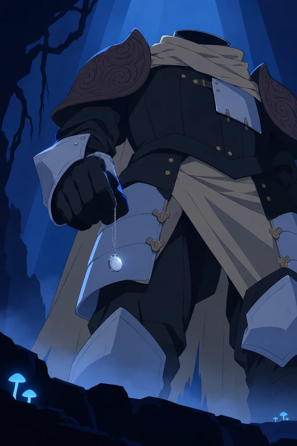 Wide low angle on the chest plate and rivets looming huge, Lanterne's small hollow silhouette tiny at the edge of frame.