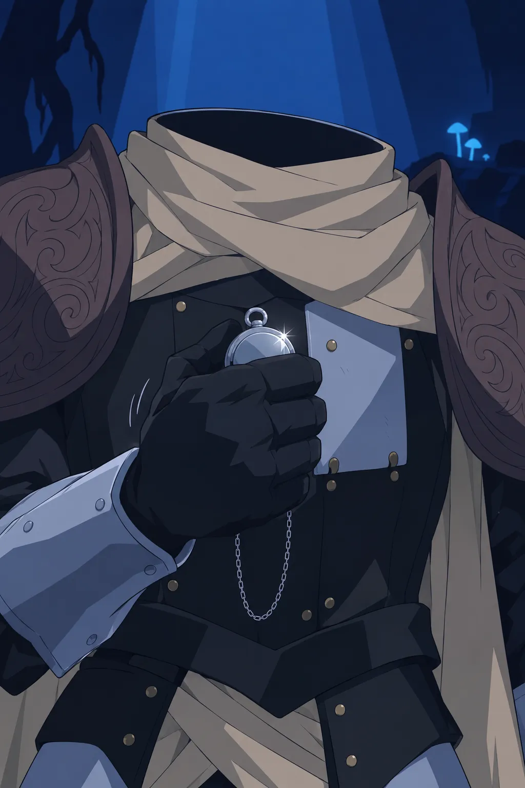 Close up on the closed fist holding the round silver pendant up near the chest, the chain hanging in a loop below the fist.