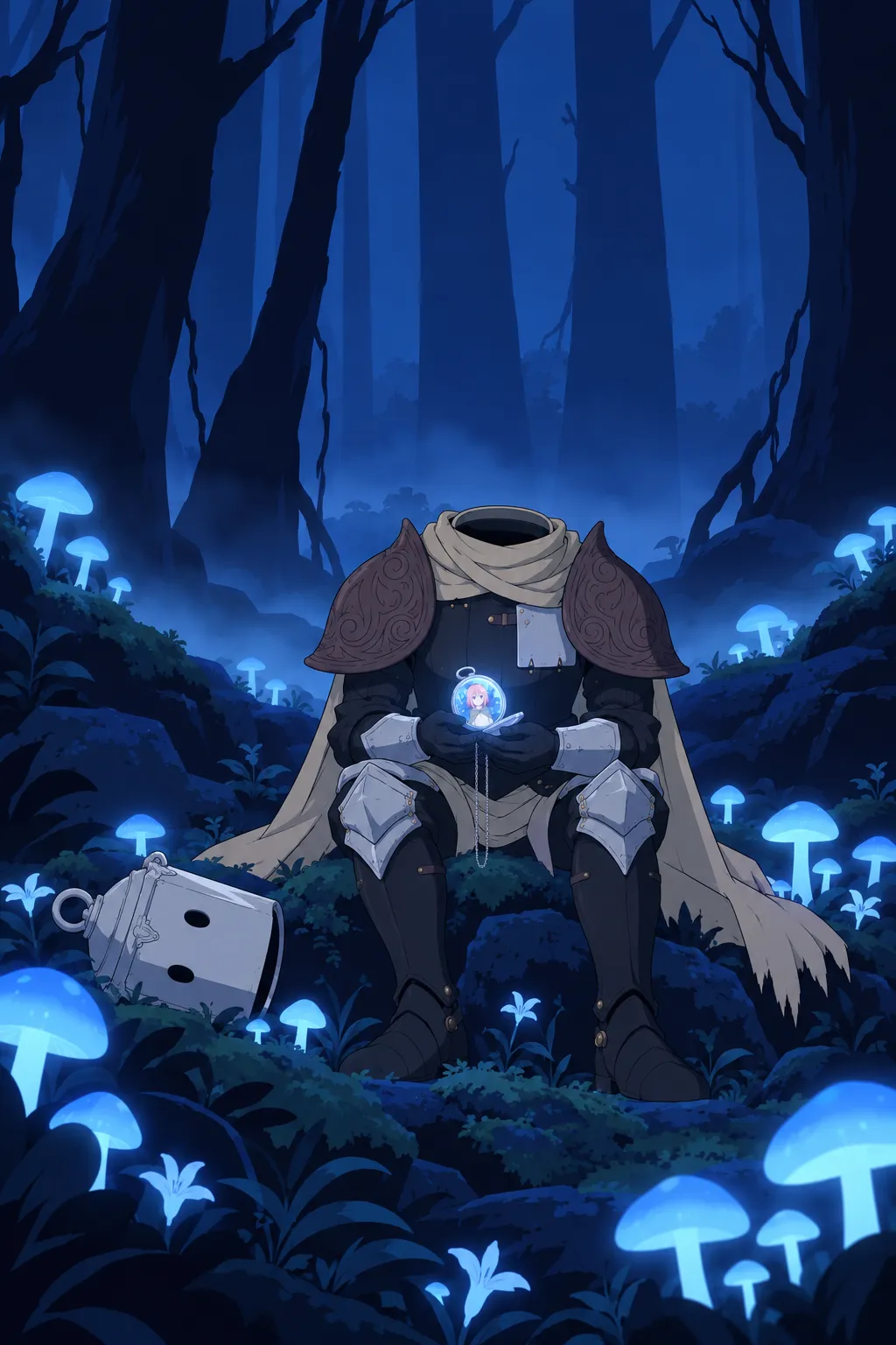 Wide shot of Lanterne sitting headless among the glowing blue mushrooms, holding the open glowing pendant near his chest with both hands.