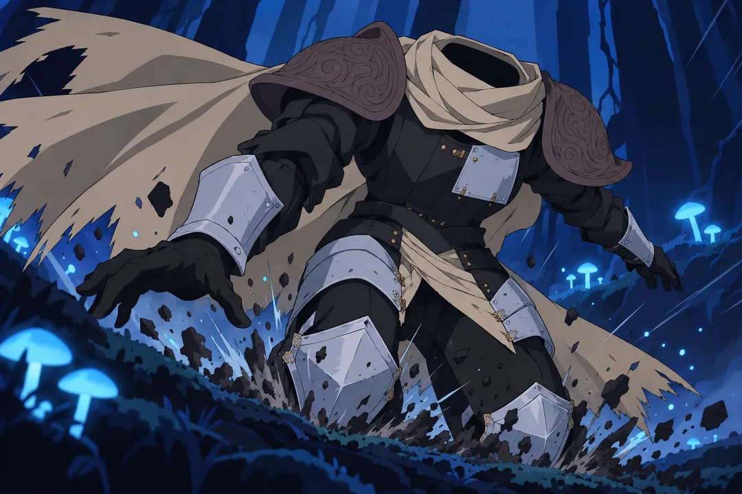 Extreme close up on the steel knee plates hitting the mossy ground hard as his legs give out, seen from a low dutch angle.