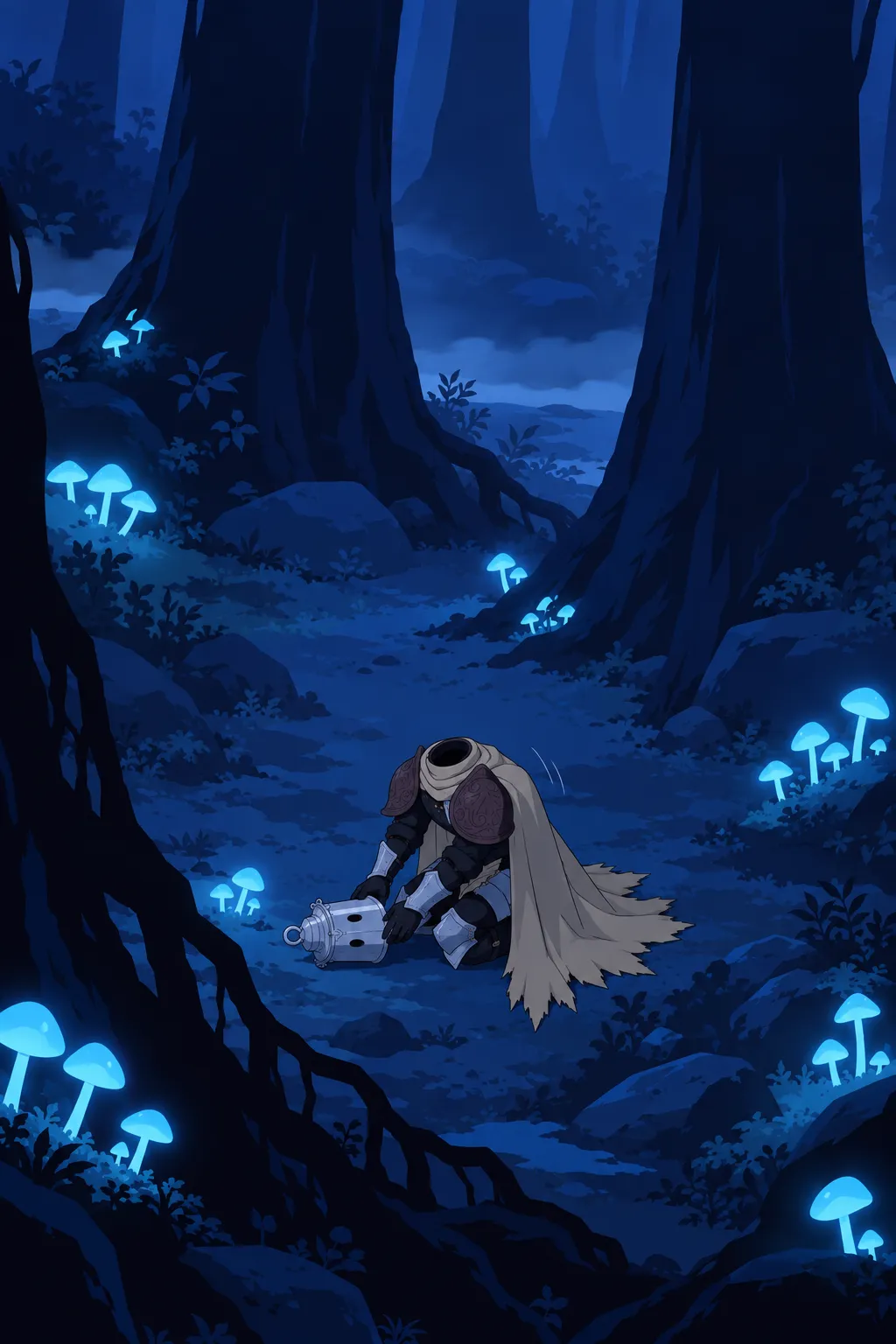 Wide shot from behind and above showing Lanterne's whole small body kneeling on the forest floor, cape draped forward over his bent form.