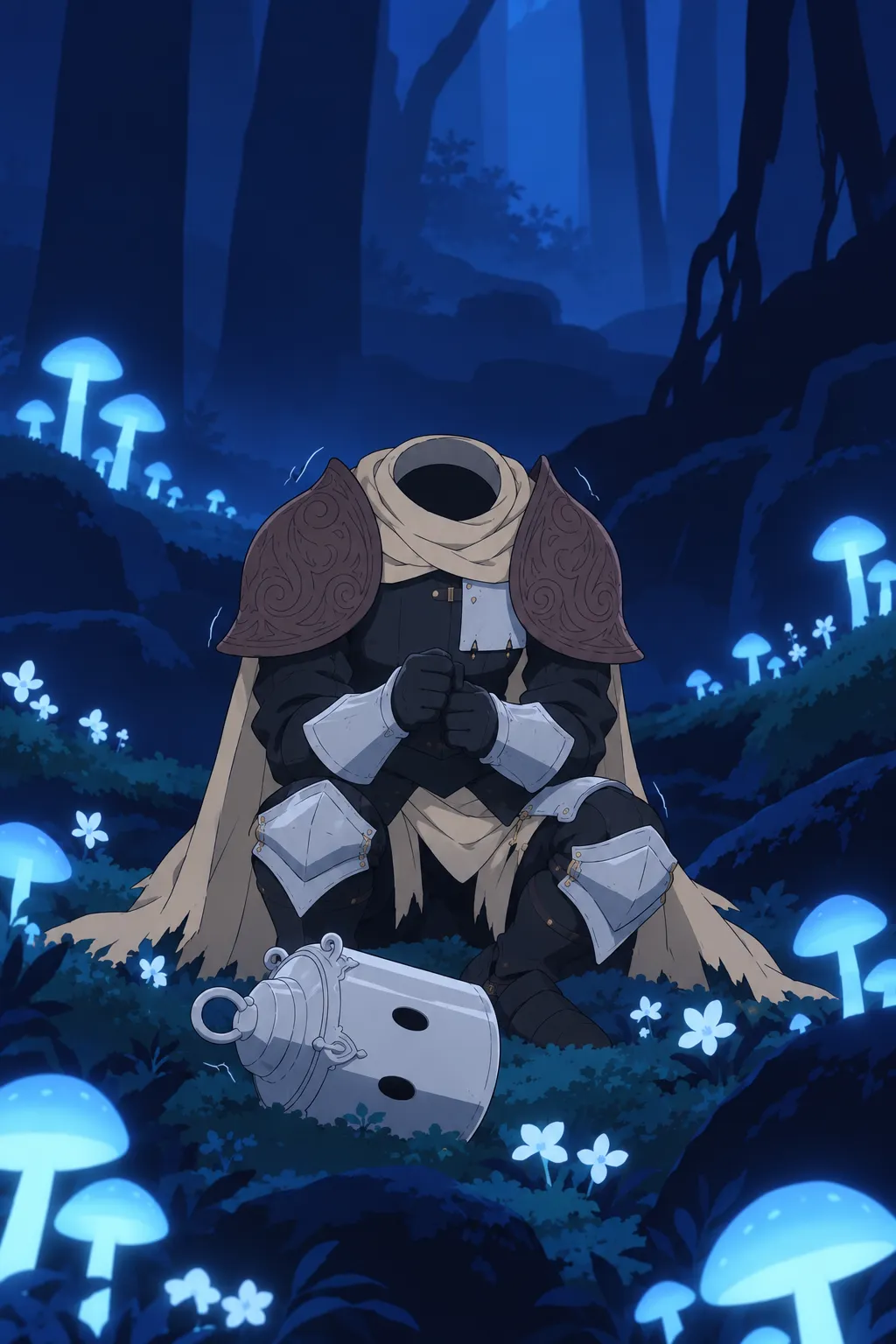 Medium shot of Lanterne sitting crouched on the ground, hands drawn near his chest, the dark empty neck opening visible above the scarf.