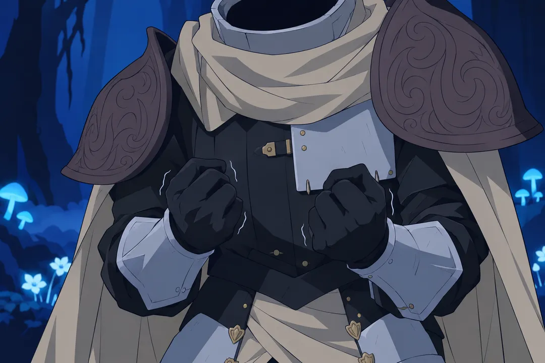 Extreme close up on Lanterne's black gloved hands clenching into loose fists near his torso.