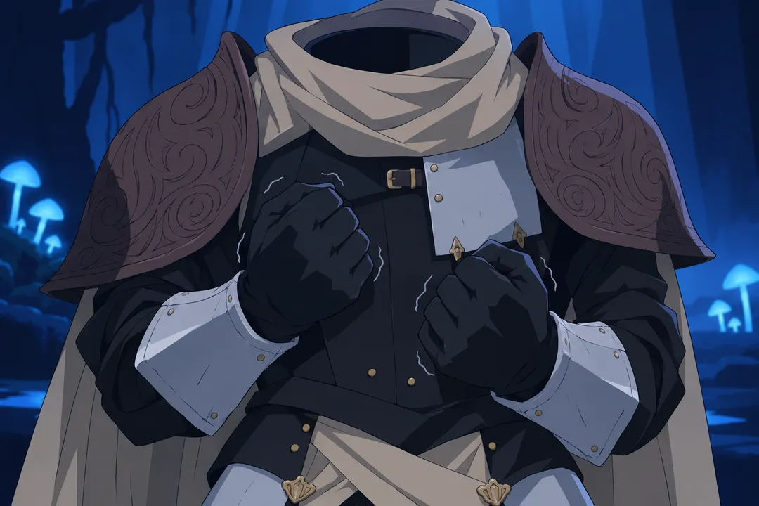 Close up on the same gauntlets now clenched hard into fists against the black chest plate, knuckle joints straining.